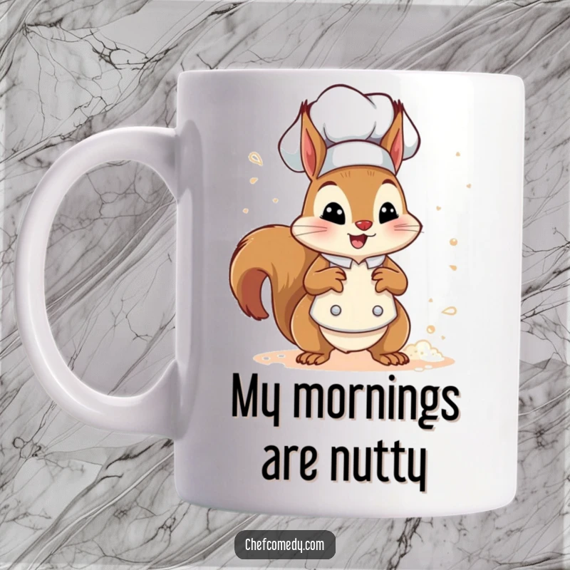 Funny squirrel chef character joyfully sprinkling flour, a puff of chest showing its happy mood, on a coffee mug.