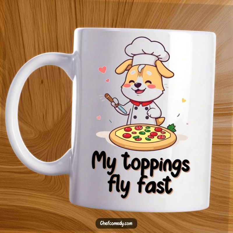 Funny Kawaii Dog Chef Mug, a happy cartoon dog gleefully topping a pizza with speed and joy, perfect for gifting.
