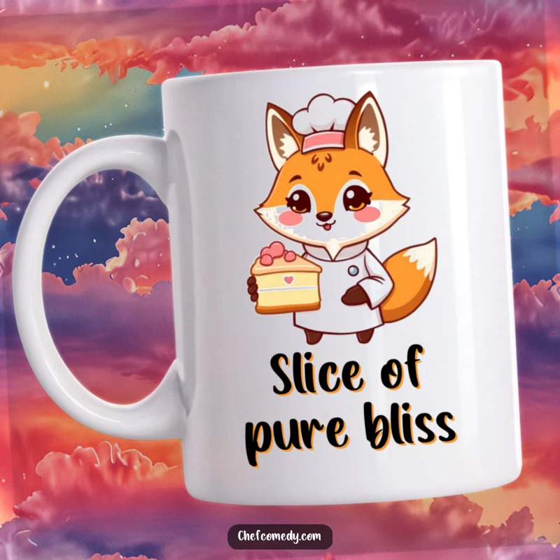 Funny mug featuring a proud fox chef character presenting a slice of delicious cake, conveying culinary achievement and charm, a great gift.