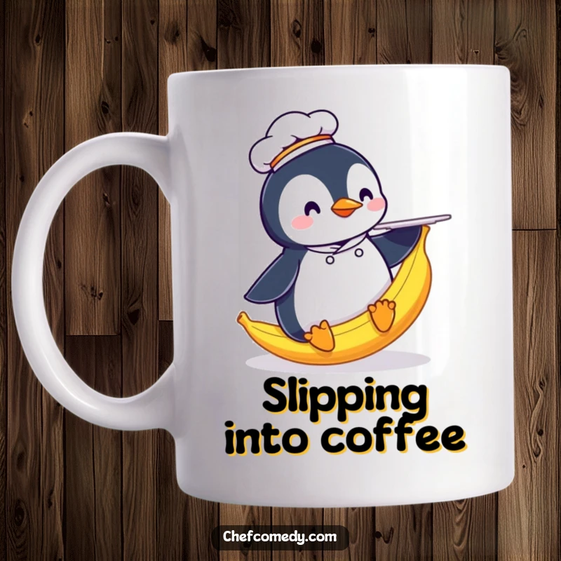Funny Penguin Chef Mug: A penguin chef humorously slips on a banana peel while holding a plate, a comical kitchen collectible.