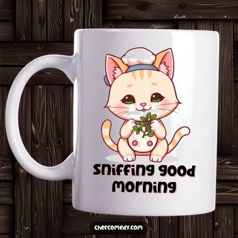 Funny Kawaii Cat Chef Mug, a cute cartoon cat happily sniffing a herb with curiosity and joy, a charming collectible.