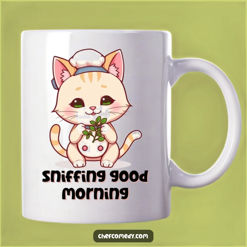 Funny Kawaii Cat Chef Herb Sniffing Mug, A Purrfectly Humorous Gift for Cat Lovers