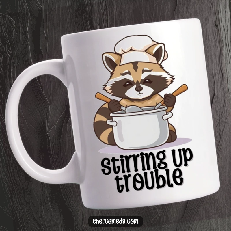 Funny raccoon chef intently stirring a pot with a wooden spoon, a focused and humorous kitchen scene on a mug.