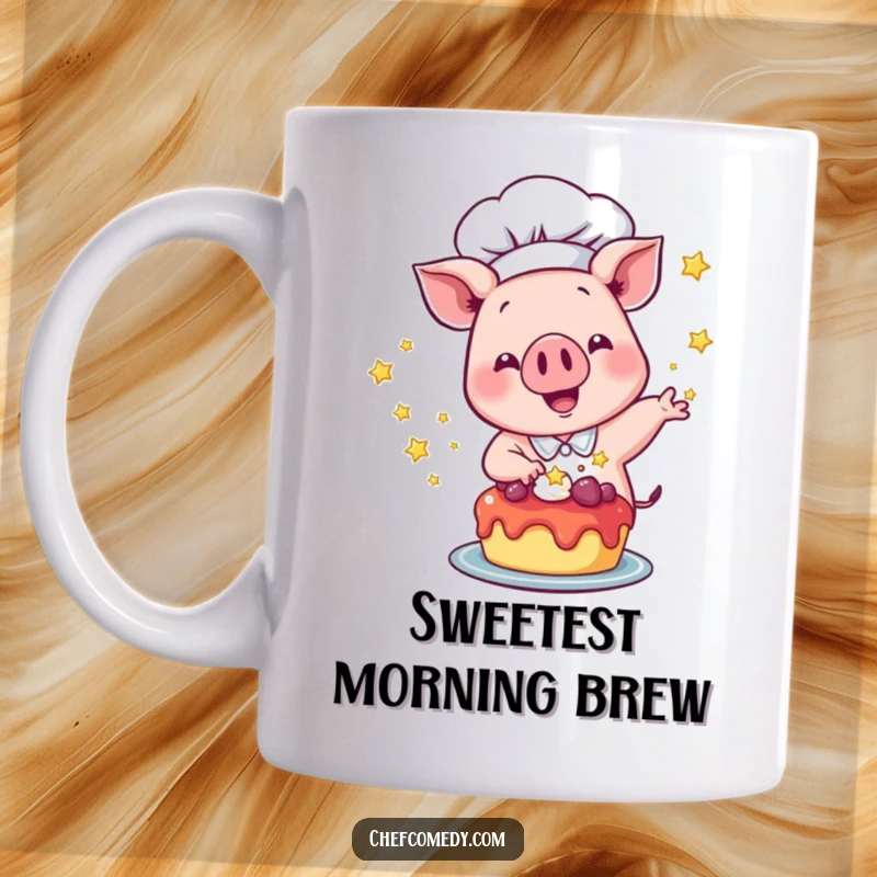 Funny Pig Chef Mug: A happy pig chef excitedly sprinkles stars onto a dessert, adding a touch of magic.