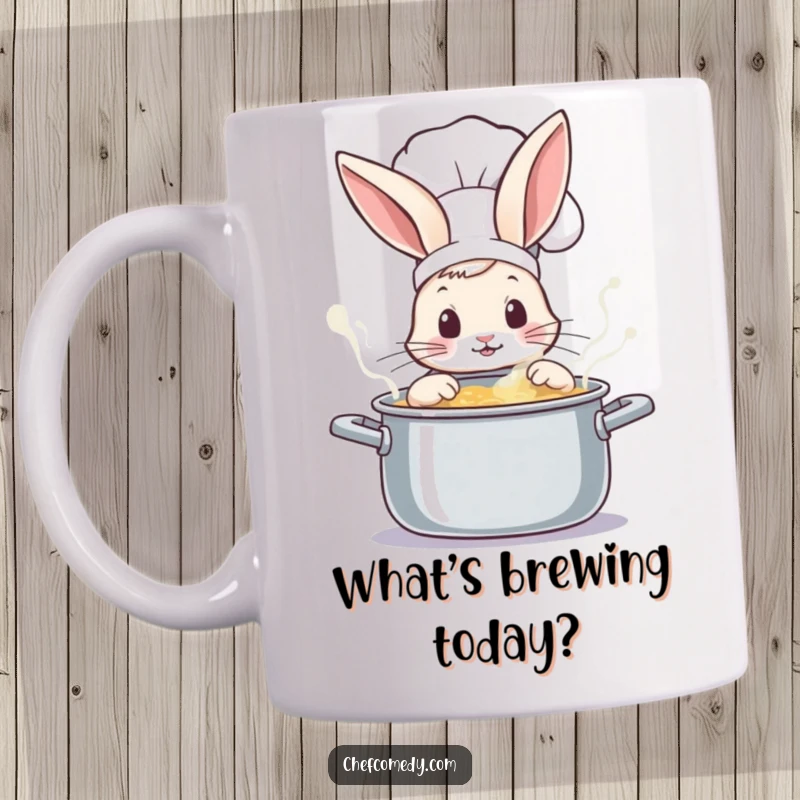 Curious rabbit chef with wide eyes, peeking into a steaming, bubbling pot with a sense of wonder and anticipation.