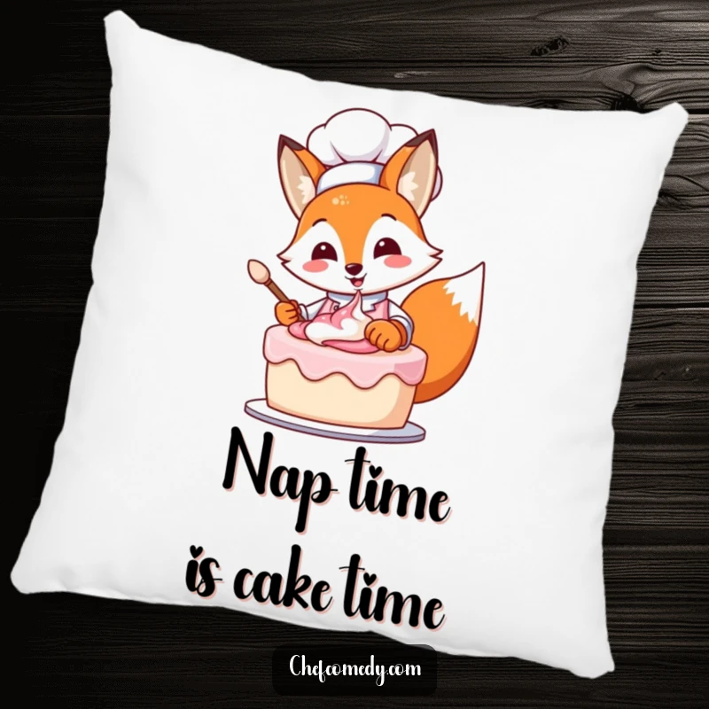 Soft pillow featuring a funny fox chef happily frosting a beautiful cake, adding charm and humor to any room.