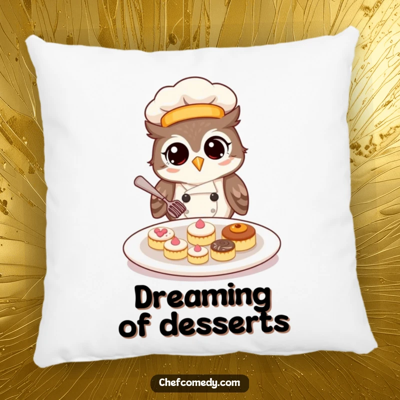 Soft pillow featuring a funny owl chef meticulously arranging delicate pastries, providing comfort and humor.