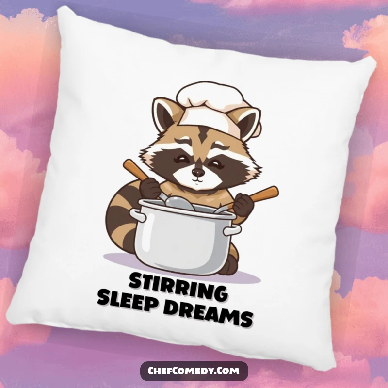 Soft pillow featuring a funny raccoon chef focused on stirring a pot, offering comfort and a humorous touch.