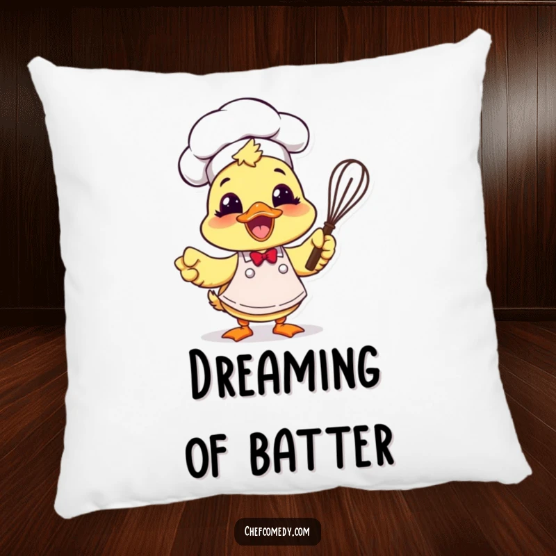 Soft pillow featuring a funny duck chef with apron and whisk, looking excited, adding cozy enthusiasm.