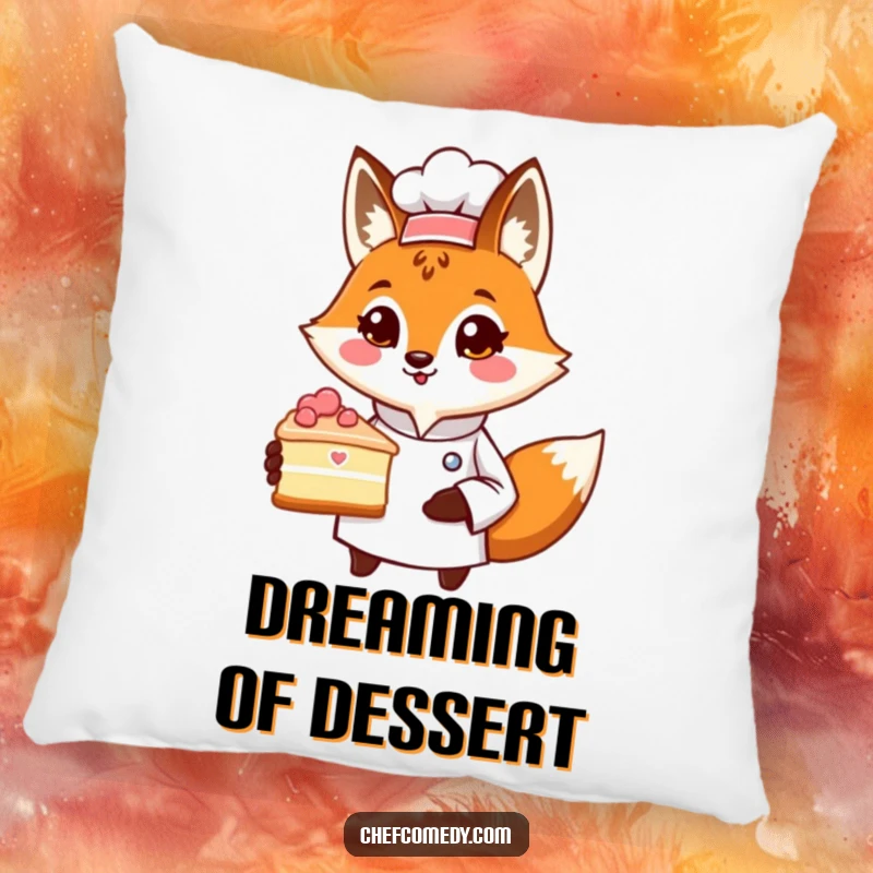 Funny pillow featuring a proud fox chef character presenting a slice of cake, providing comfort and a humorous decorative accent.