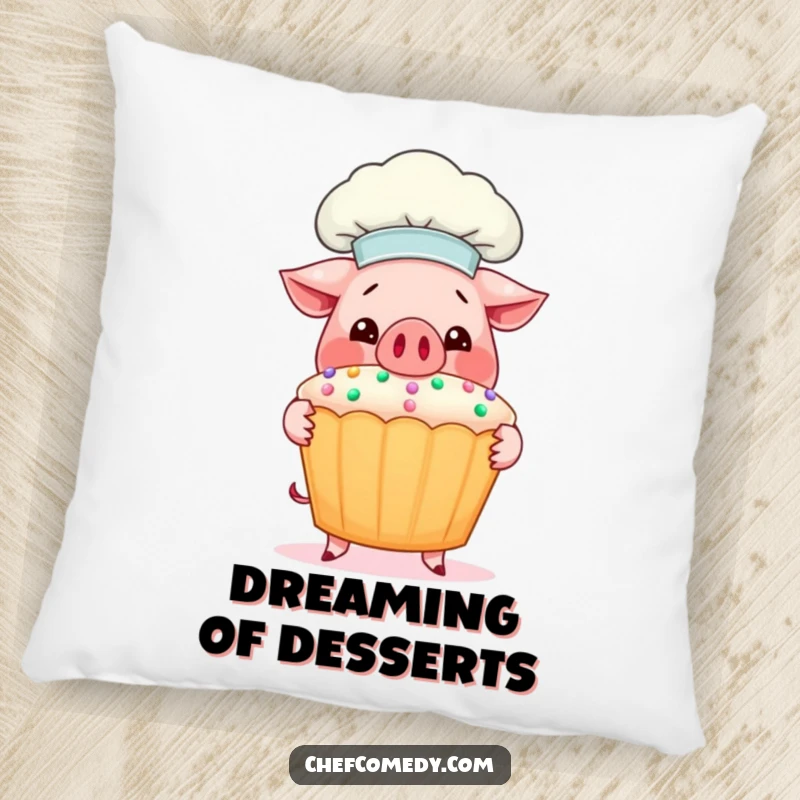 Funny Pig Chef Pillow: A smiling pig chef proudly holds a massive, decorated cupcake, offering comfort and cheer.