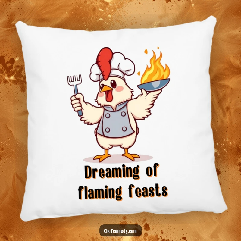 Funny throw pillow showing a daring chicken chef flamboyantly tossing a flaming frying pan, perfect for adding character.