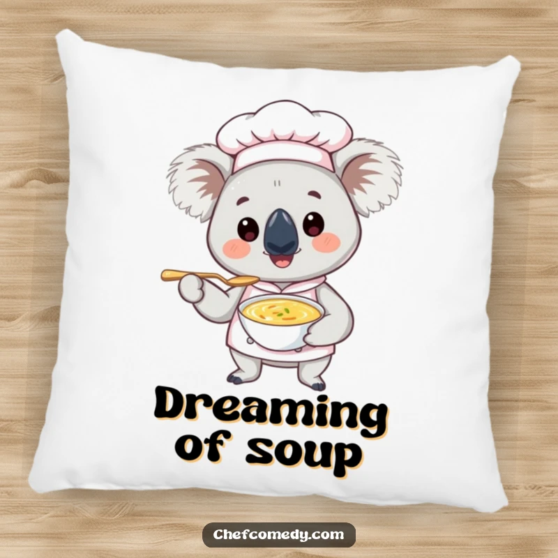 Funny Koala Chef Pillow: A soft cushion featuring a smiling koala chef offering a tiny spoon of soup, bringing comfort and humor.