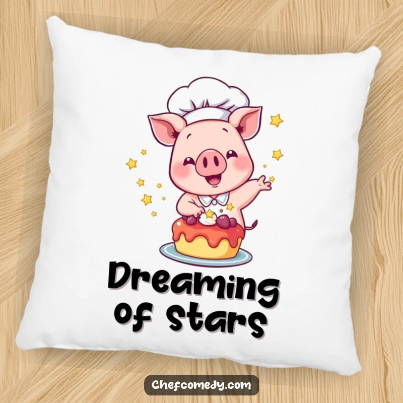 Funny Pig Chef Pillow: A plush pillow featuring a happy pig chef excitedly sprinkling stars onto a dessert, combining comfort and sweetness.