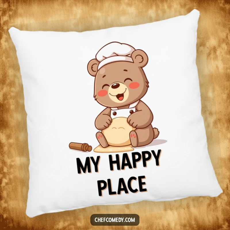 Funny pillow featuring a bear chef with a happy, giggling expression while kneading dough, perfect for comfort.