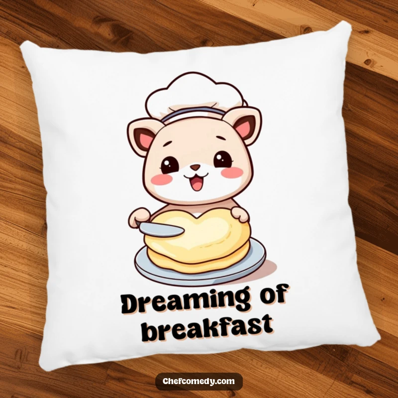 Funny kawaii animal pillow, dressed as a chef, happily flipping a heart-shaped pancake, adding charm and comfort.