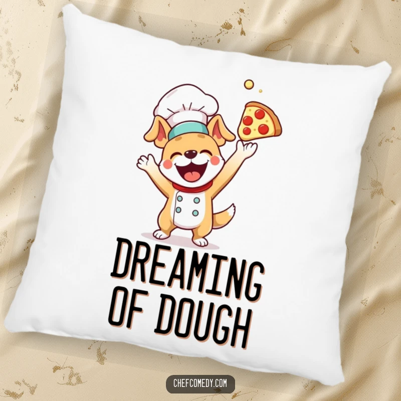 Soft and cozy funny dog chef pillow, excitedly tossing pizza dough, providing comfort and a daily dose of humor.