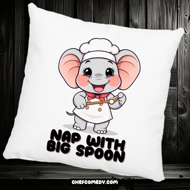 Funny Elephant Chef Pillow: Happy elephant chef with a giant spoon, a plush and humorous decorative accent.
