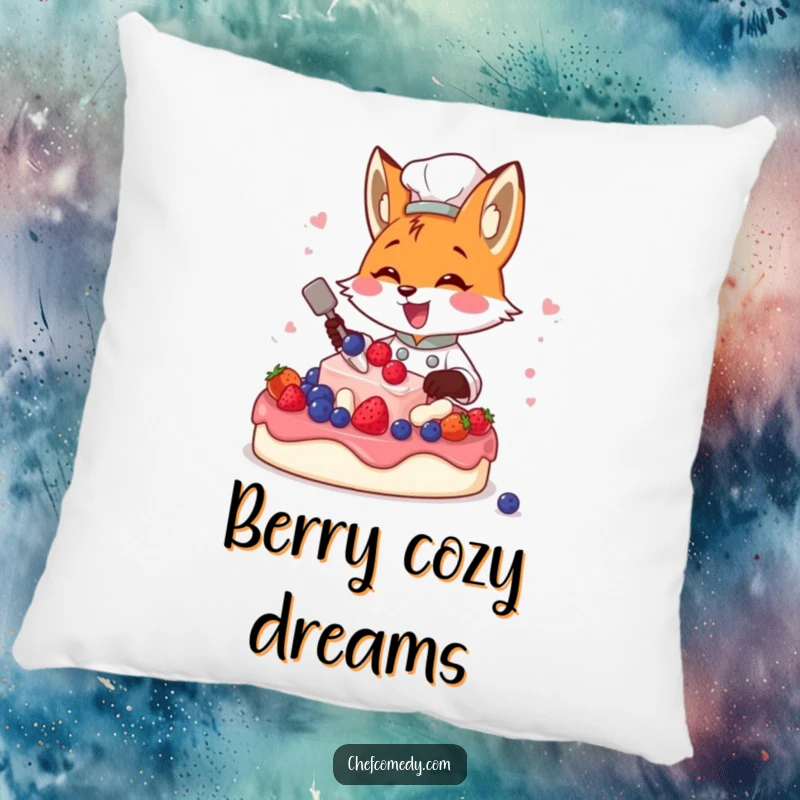 Funny fox chef concentrating on decorating a cake with berries, a soft and humorous throw pillow.