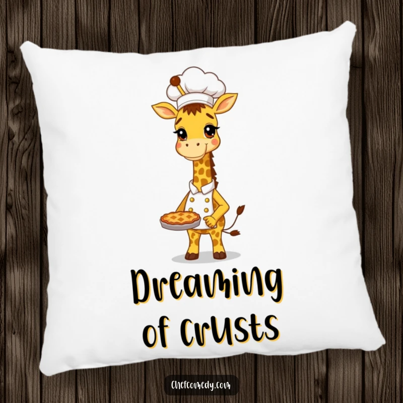 Funny Giraffe Chef Pillow: Tall, proud giraffe baker holding a delicious pie, a plush and humorous decorative accent.