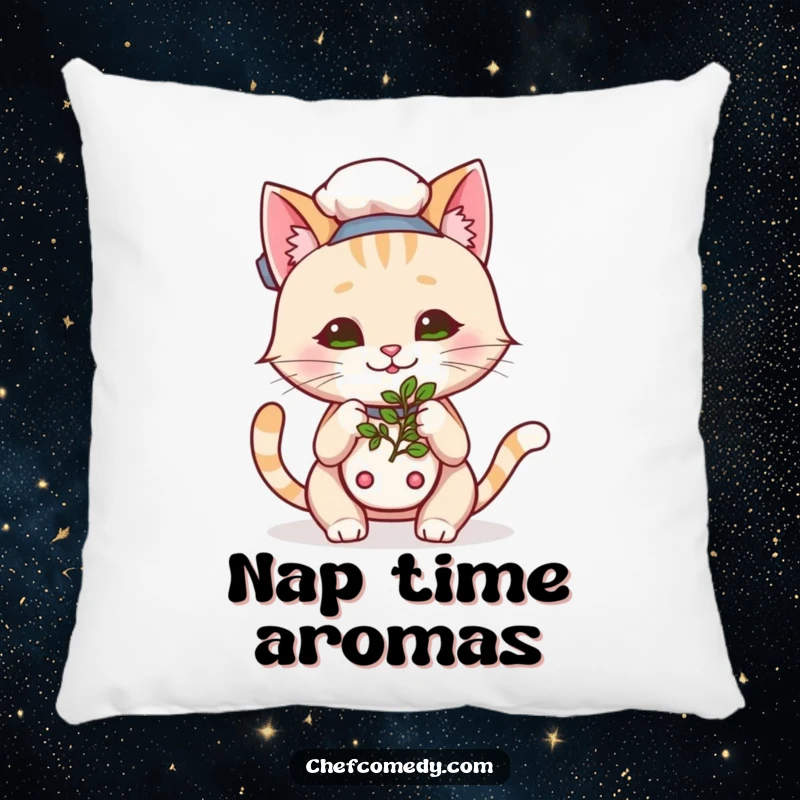 Funny Kawaii Cat Chef Herb Pillow, a cute cartoon cat happily smelling herbs, soft and humorous home decor item.
