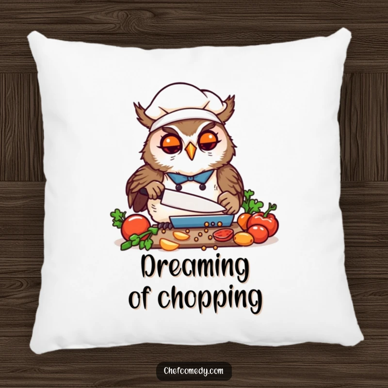 Funny Kawaii Owl Chef Chopping Pillow, a cute cartoon owl precisely cutting veggies, soft and humorous home decor.