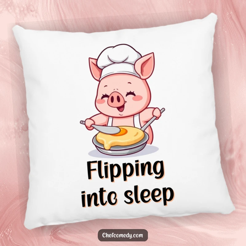 Funny Kawaii pig chef pillow, depicting a happy pig chef concentrating intently while flipping a pancake with immense glee, adding comfort.