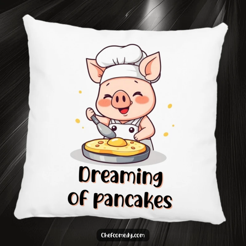Funny kawaii pig chef pillow, a happy pig concentrating on flipping a pancake with glee, soft and decorative.