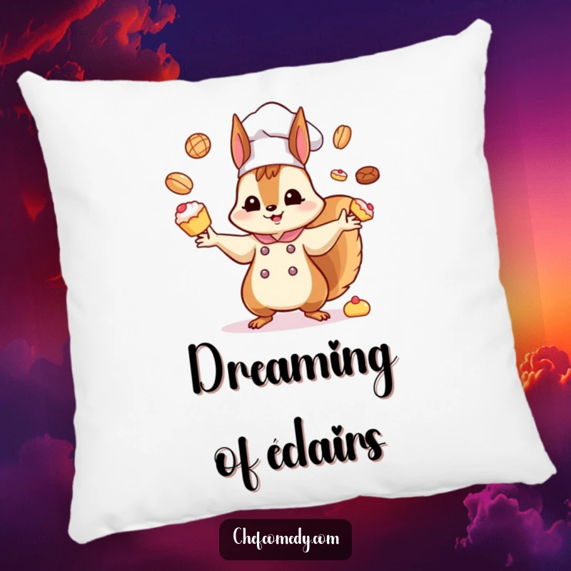 Funny Kawaii Squirrel Chef Pillow: A soft, plush pillow with a charming kawaii squirrel chef artistically juggling many tiny, delicious pastries for laughs.