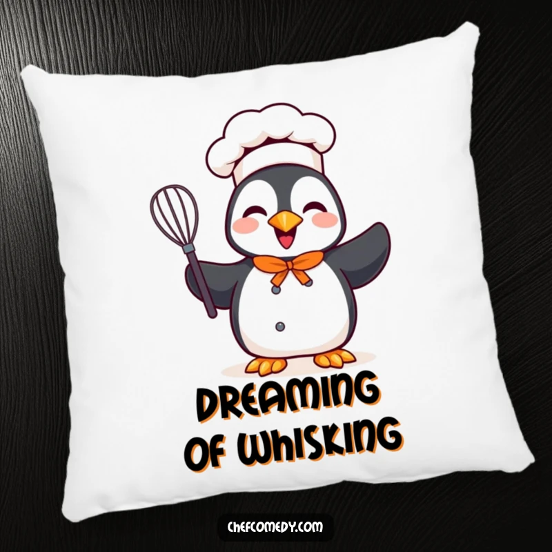 Funny pillow showcasing a cheerful penguin chef character holding a whisk, bringing cozy culinary cheer to any room.