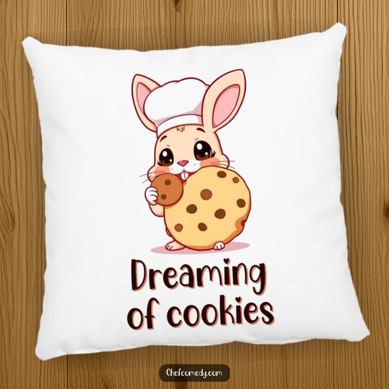 Funny Rabbit Chef Pillow: A plush pillow featuring a rabbit chef with wide eyes gleefully tasting a giant cookie.