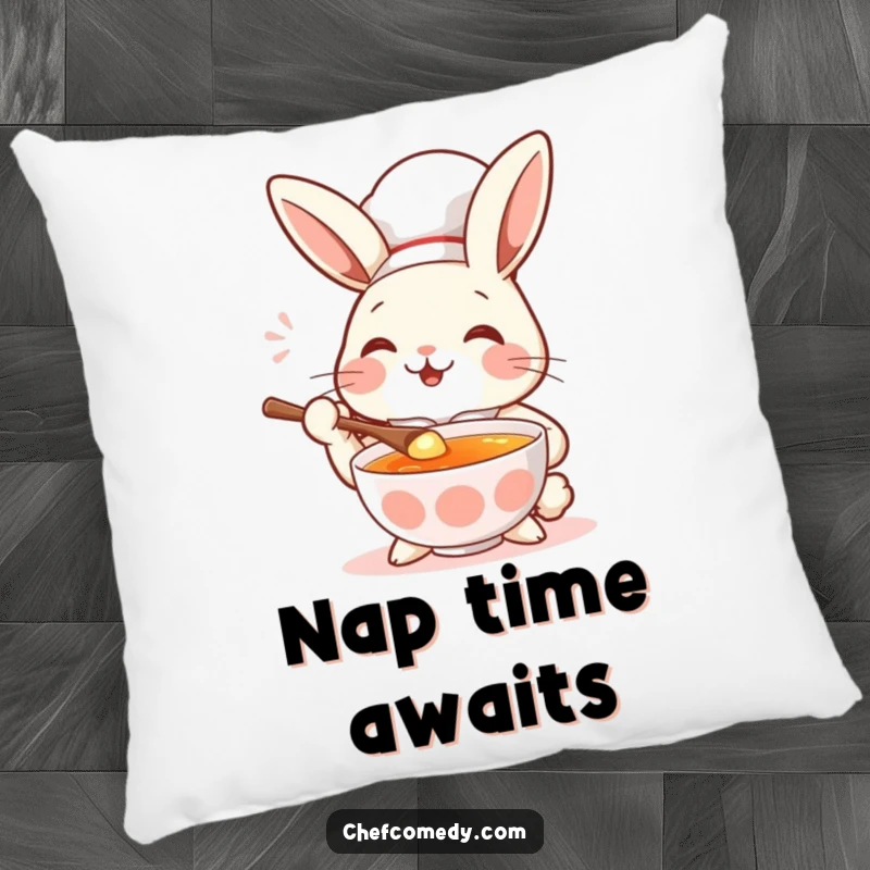 Funny rabbit chef tasting soup with a spoon, eyes closed in delight, a soft and humorous pillow.