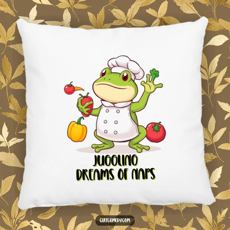 Funny frog chef character balancing a stack of vegetables in the air, on a soft, plush pillow.