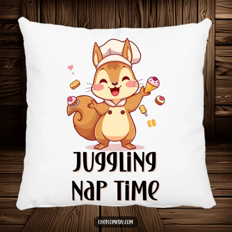 Funny Kawaii Squirrel Chef Pillow: A smiling squirrel chef character is featured, juggling pastries, bringing a cozy and humorous vibe.