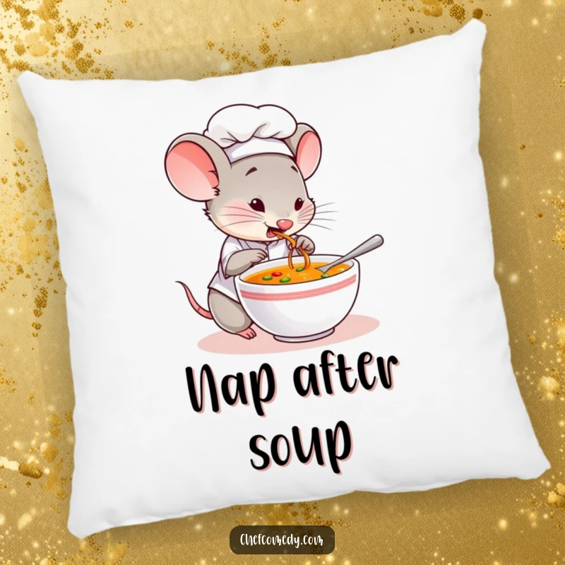Funny pillow showcasing a mouse chef enthusiastically tasting soup, bringing cozy culinary charm to any room.