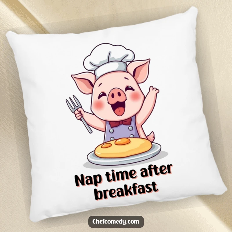 Funny pillow featuring a cute pig chef joyfully flipping a pancake, perfect for adding comfort and cheer.