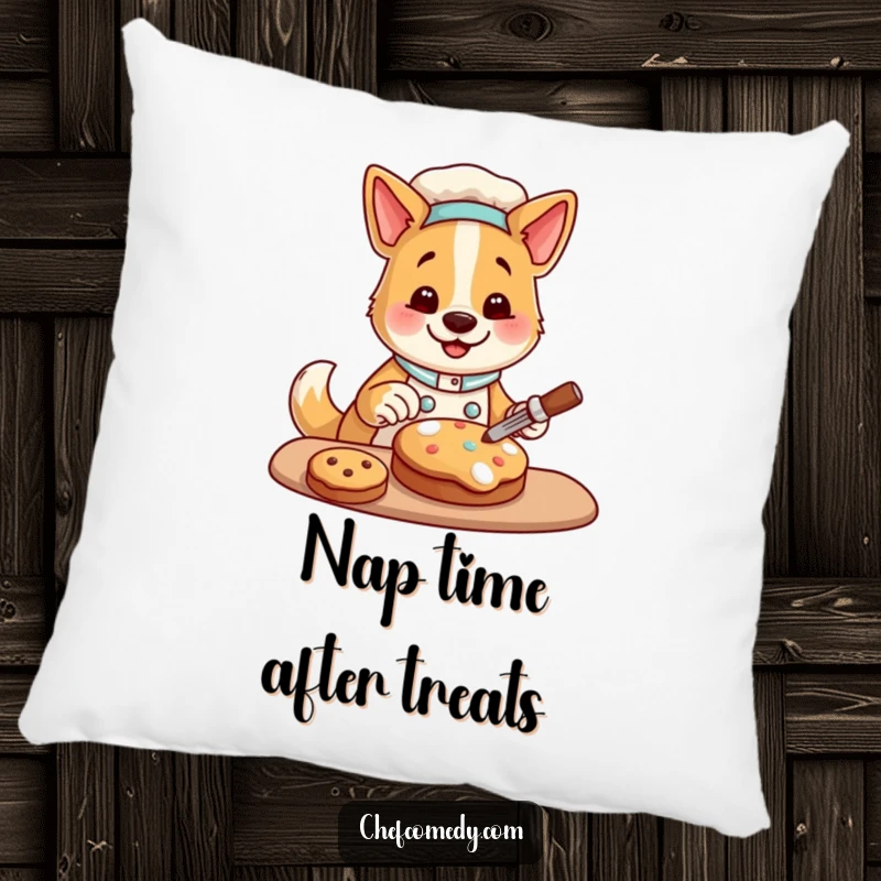 Funny pillow featuring a happy dog chef character decorating a cookie, providing comfort and a humorous decorative accent.