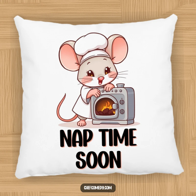 Funny mouse chef character fanning a tiny oven with great effort on a soft pillow, perfect for cozy accent.