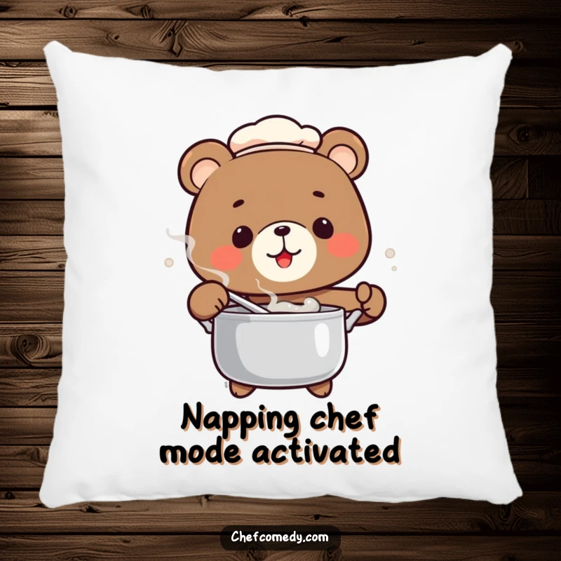 Funny Bear Chef Pillow with a bear chef stirring a pot, offering comfort and humor.