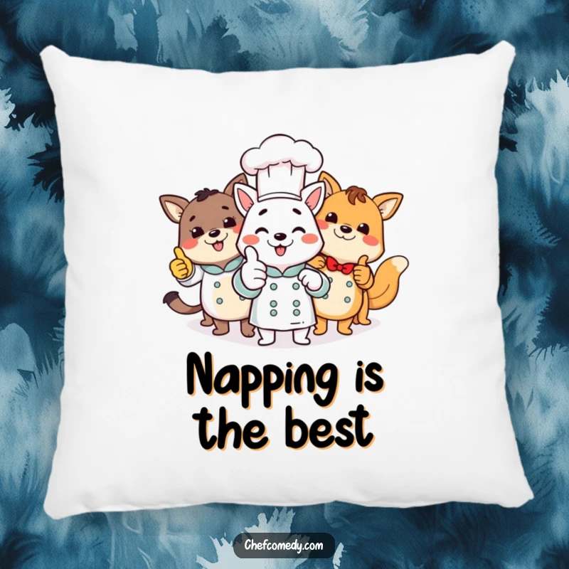 Soft pillow with a funny illustration of multiple animal chefs giving a confident thumbs up, perfect for added comfort.