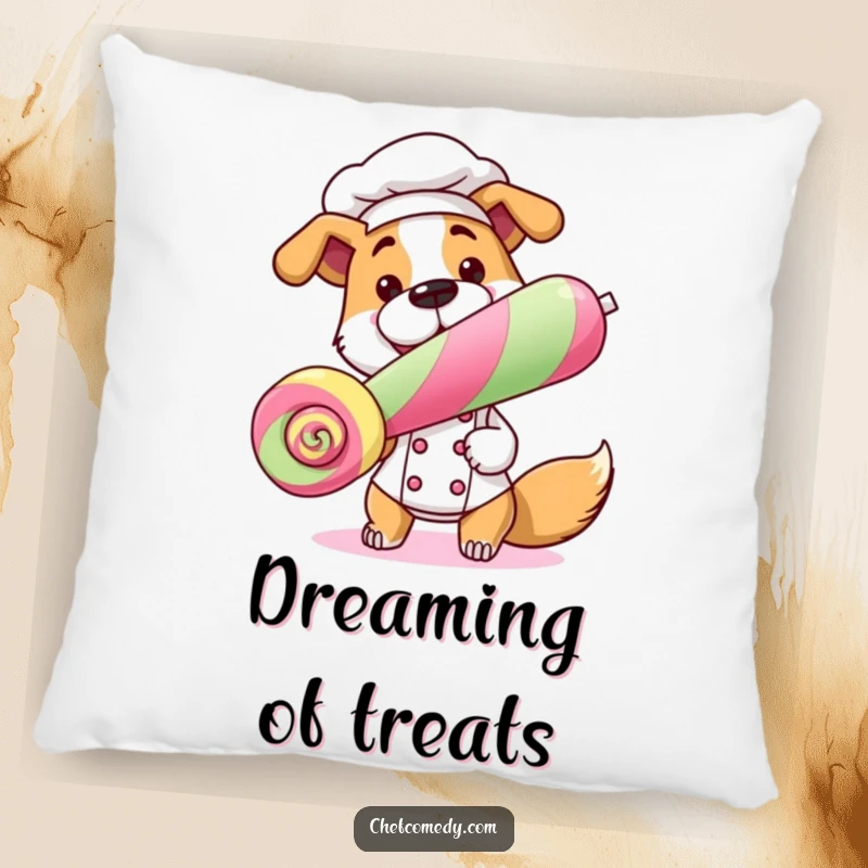 Funny Dog Chef Pillow featuring a dog chef holding a lollipop, providing comfort and humor.