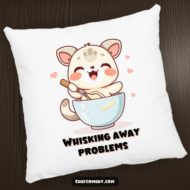 Funny kawaii animal pillow, depicted joyfully whisking batter in a bowl, adding comfort and baking charm.