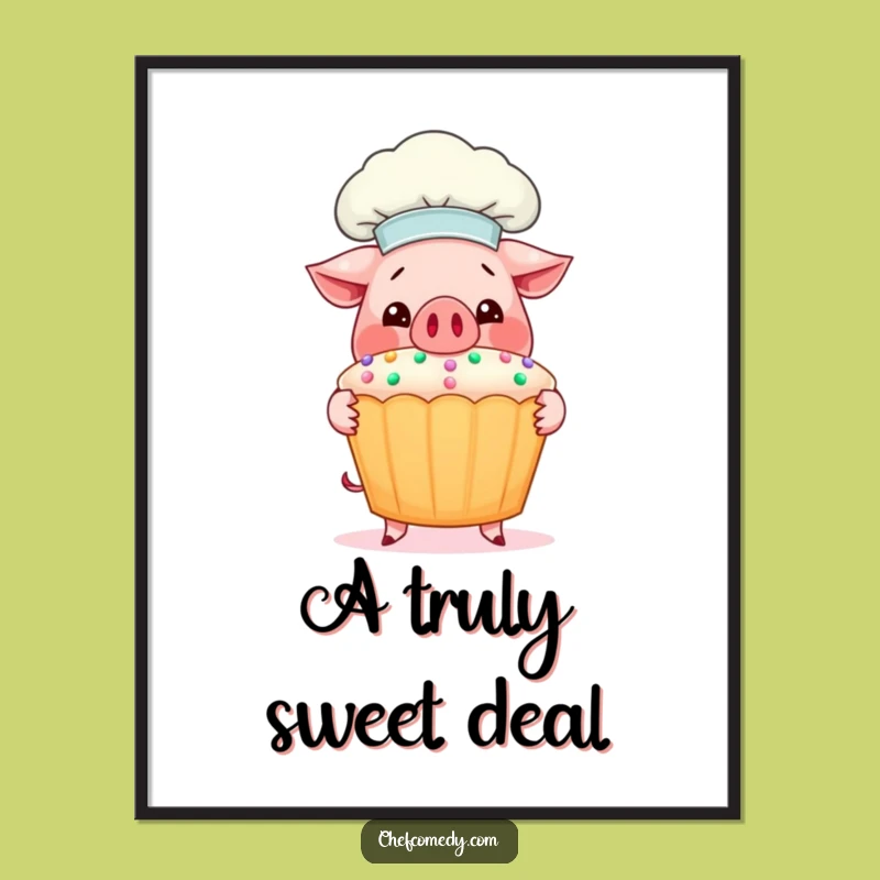 Funny Pig Chef Digital Art: Smiling Pig Chef Presents Giant Cupcake, Instant Download