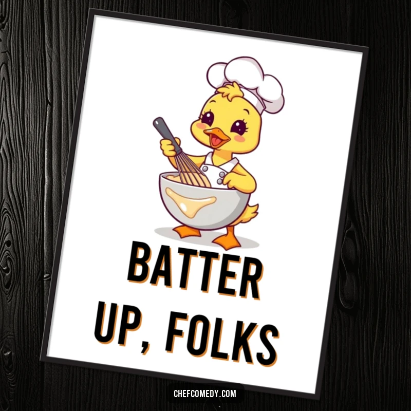 Funny Kawaii Duck Chef Digital Art Print, a cheerful cartoon duck whisking batter with flair, vibrant and humorous decor.