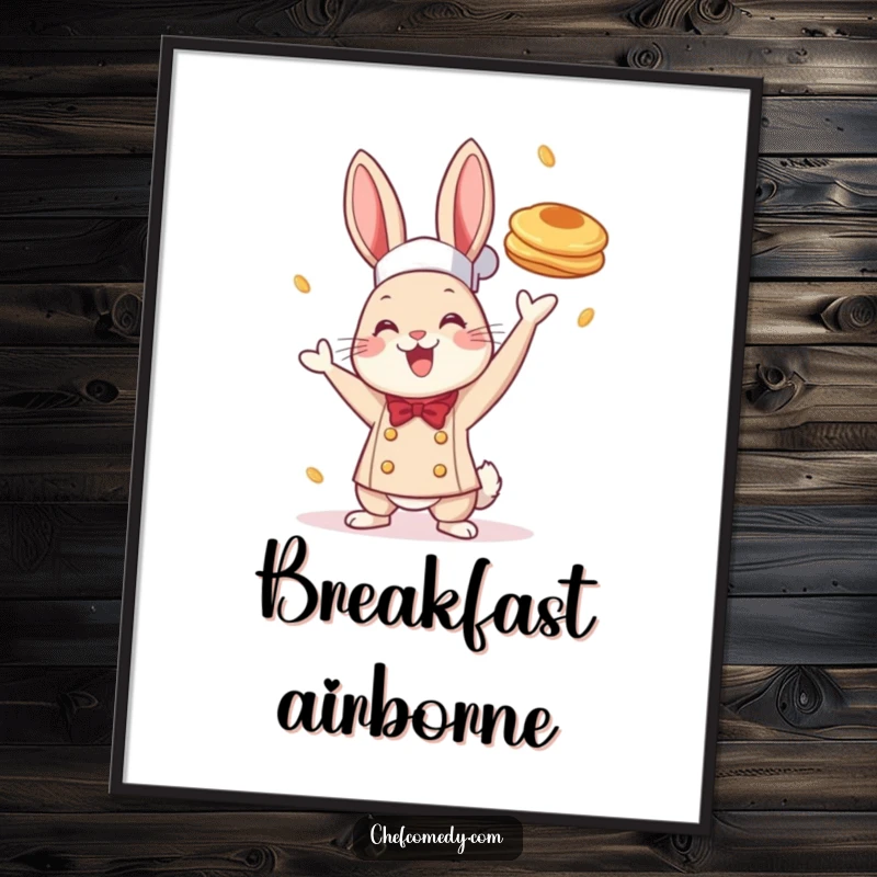 Funny digital art print of a cheerful rabbit chef tossing a pancake, perfect for instant download and fun breakfast-themed decor.