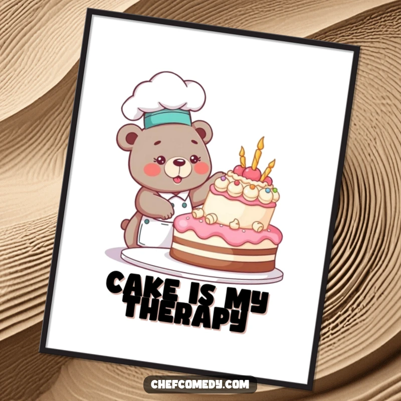 Funny bear chef character, covered in frosting, decorating a magnificent cake, as a high-resolution digital art print for walls.