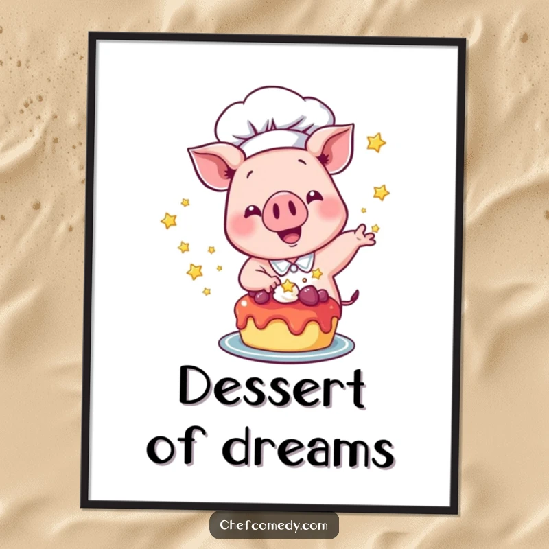 Funny Pig Chef Digital Art Print: A happy pig chef excitedly sprinkles shining stars onto a dessert, capturing the magic of baking.