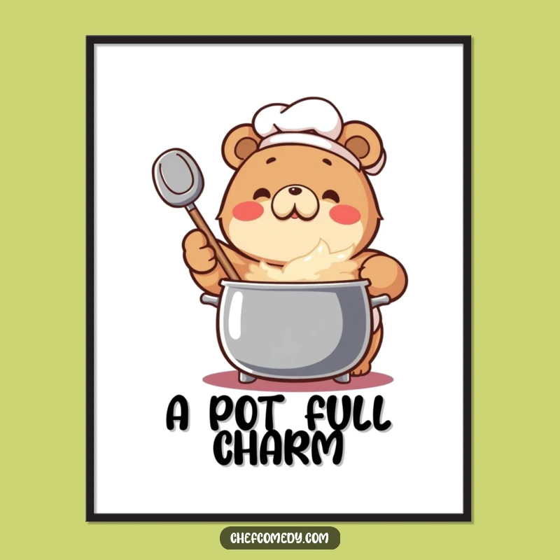 Funny Bear Chef Digital Art: Enthusiastic Bear Stirs Pot, Instant Download