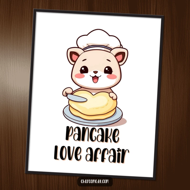 Funny kawaii animal digital art print, dressed as a chef, happily flipping a heart-shaped pancake, symbolizing culinary love.