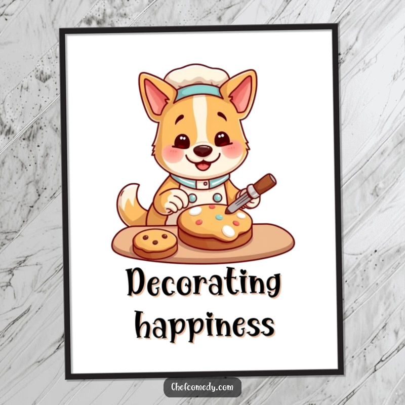 Funny digital art print of a happy dog chef character decorating a cookie, offering a whimsical and humorous visual for decor.